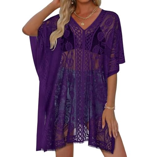Womens Lace Bathing Suit Cover Up V Neck Swimsuit Coverup Summer Swim Coverups Loose Bikini Beach Dress (Deep Purple)