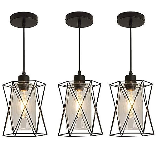Pendent Light 8» E27 Chandelier Black Glass Lantern Clear Lamp Shade Rural American Industrial Decorative Hanging Lamps Fixture Hollow Out Metal Iron Lamp Body For Kitchen Restaurant Living R Made in