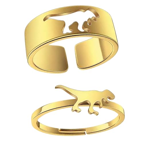 Image of Dinosaur Ring Set | 2 Pcs - Cute Tyrannosaurs & Triceratops Adjustable Couple Friendship Matching Ring, kawaii, cute, animal, cool, Friends, Rex Dinosaur Puzzle Ring (Gold)