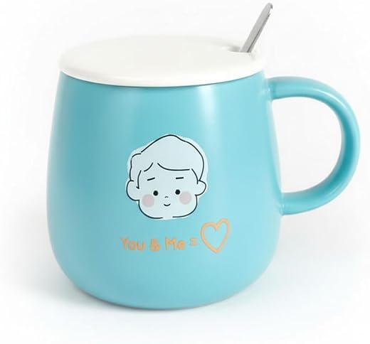 Wevolv Large Ceramic Coffee Mug 400ml with Lid & Spoon | Flat Bottom Milk, Tea, Coffee & Cocoa Mug | Daily Use Morning Cup...