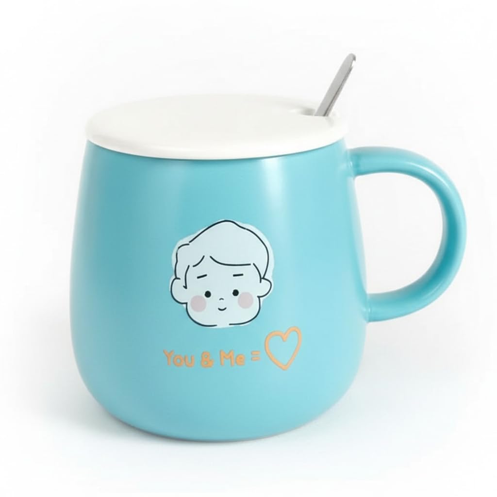 Wevolv Large Ceramic Coffee Mug 400ml with Lid & Spoon | Flat Bottom Milk, Tea, Coffee & Cocoa Mug | Daily Use Morning Cup...
