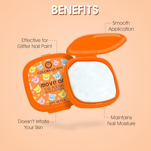 Image of Colors Queen Move On Nail Polish Removers Pads | Easy Application Nail Paint Remover Wipes | Keeps Nails Moisturized & Nourished | Alcohol & Aceton Free Nail Polish Remover Wipes (45 Wipes, Orange)