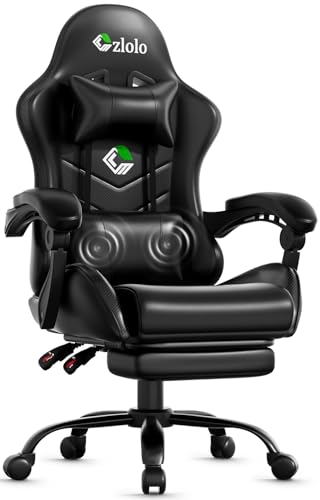 Gaming Chair with Footrest Racing Style Lumbar Support Massager Video Game Chair with Metal Legs, High Back Gamer Chair with Headrest, 360 Swivel Office Computer Desk Chair, Black