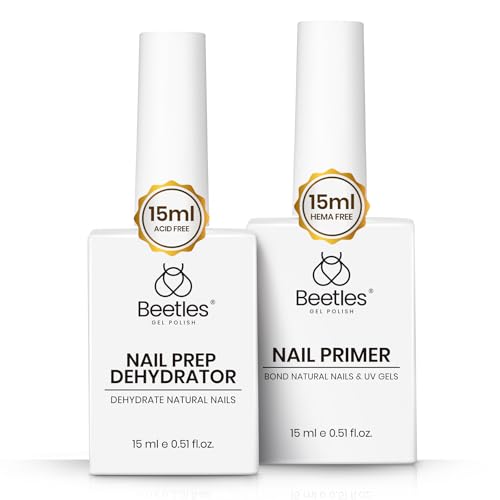 Beetles Nail Dehydrator and Primer Acid Free and Hema-Free Natural Prep Dehydrate and Bond Primer Fast Dry Nail Supplies 15ml 2Pcs Professional Salons Set