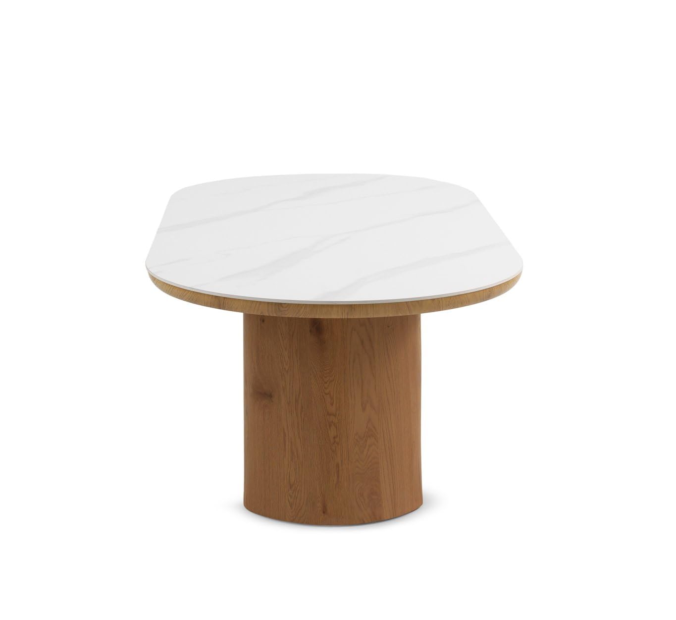 Table à manger ovale 200 x 100 cm MDF chêne avec surface en céramique effet marbre blanc Calacatta, design élégant et moderne pour salon ou salle à manger