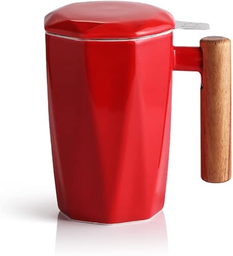 Miniatura 9 de Sweejar Taza de té de porcelana con infusor y tapa, mango de madera, 17 onzas, taza de té de forma geométrica para remojar, amante del té, regalo,