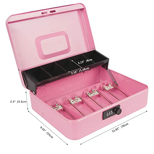 Kyodoled Large Cash Box With Combination Lock,Money Box With Cash Tray, Lock Safe Box With Key,Money Saving Organizer,11.81Lx 9.45Wx 3.54H Inches,Pink Xl Large #TOP3