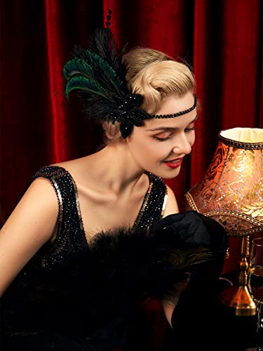 Sweetv 1920S Flapper Headband, Rhinestone Feather Roaring 20S Great Gatsby Headpiece Hair Accessories For Women,Black #TOP2