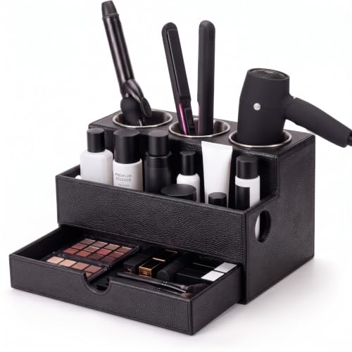 Image of AceOrbit Leather Hair Tool Organizer with Drawer Back to School Gift Bathroom Vanity Organizer Black Blow Dryer Hot Styling Tool Hair Holder for Countertop Curling Iron Flat Iron Straightener Makeup