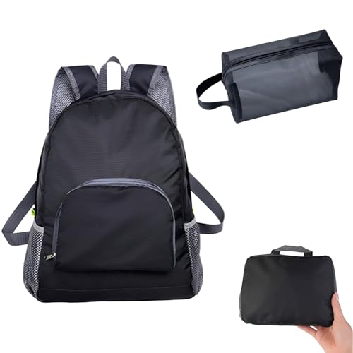 YcsRnn 2 Pack - Compact Foldable Travel Backpack & Pouch, Lightweight Daypack for Men & Women, Waterproof Small Rucksack for Gym, Hiking, Camping, Weekend Trips（black）