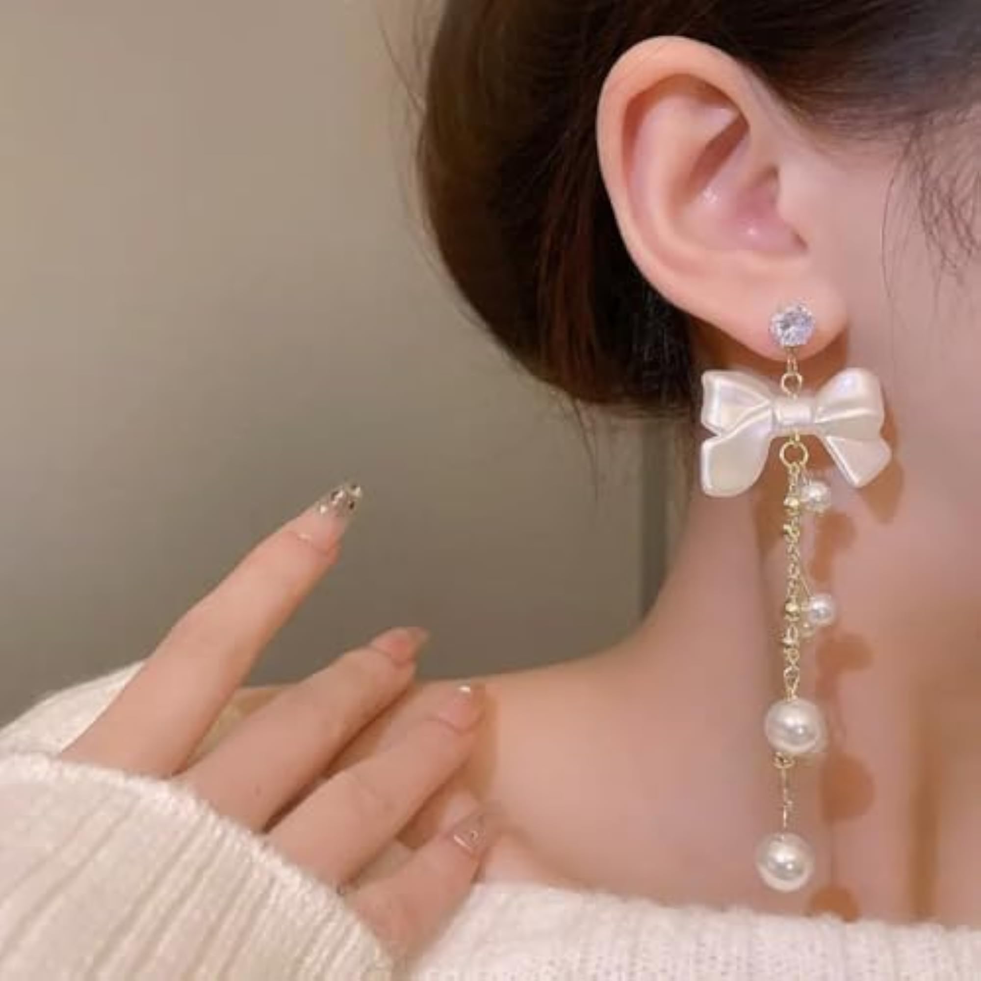 Pearl Drop Earrings with Bow & Crystal Stud