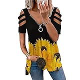 BJYPHJSH Women's Cold Shoulder Tops Tee Sexy Summer V Neck Loose T Shirts Casual Short Sleeves Zipper Floral Print Blouse