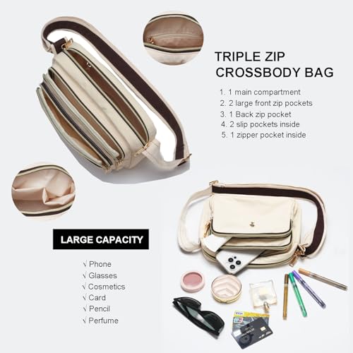 ESVAN Triple Zip Crossbody Bags for Women Fashion Ladies Purse Multi-Pocket Handbags Messenger Shoulder Bag3