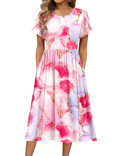HOTOUCH Pink Dress for Women Summer Midi Dresses Short Sleeve Casual Floral Beach Sundress with Pocket Aline Flowy Shift Dress,XS