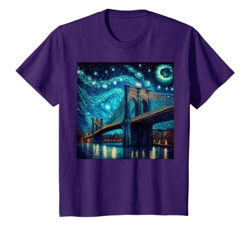Brooklyn Bridge New York Starry Night T-Shirt, Youth, Purple, 3T