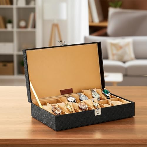 Image of amazon basics Unisex Faux Leather Watch Organiser Box with 12 Slots |Watch Organiser|33.5LX20.5BX8H cm| Black