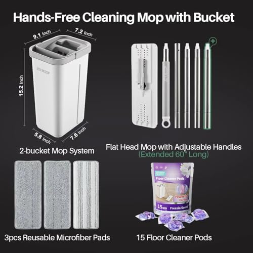 Image of JOYMOOP Flat Mop System, Mop and Bucket Set, White, Commercial & Household Floor Cleaning Mop with Freesia Scent Cleaning Pods, Includes 3 Reusable Microfiber Pads and 15 Detergent Pods