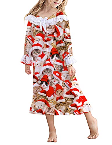 Uideazone Girls' Christmas Nightdress Princess Cat Pattern Loose Nightgowns Long Sleeve Ruffle Hem Pyjamas Sleep Shirts For Daily Xmas Party #TOP30