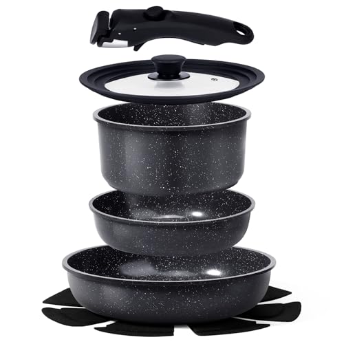 GiPP Pots and Pans Set Non Stick,8PCS Cookware Sets Grey Ceramic Nonstick Detachable Handle,Induction Kitchen Set Removable Handle，RV Cookware Set,PFOA Free (Grey, 8PCS)