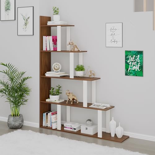Image of BLUEWUD Wolabey Engineered Wood Ladder Style Bookshelf Cabinet Book Rack Organizer with Shelves for Decor Display, Cabinet Wall Floor Standing for Home (Brown Maple & White)
