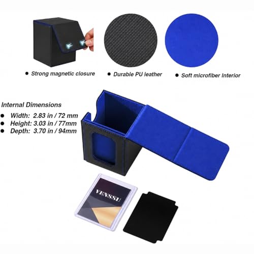 Image of Venssu MTG Deck Box for Commander Display,Card Deck Box Fits 100 Double Sleeved Cards,TCG with 2 Dividers and 1 Toploader (BLACK /BLUE)