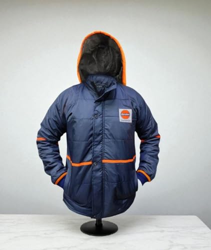 Image of Indian Oil (IOCL) Winter Safety Jacket, Yellow and Blue, Padded Hooded Work Jacket, Industrial Uniform-Dark Blue