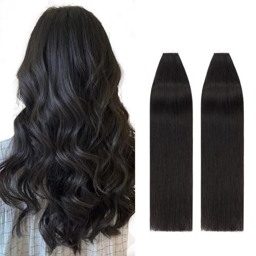 Silk-co 40 Pcs Hair Extensions Tape in Human Hair #1B Natural Black Real Human Hair Extension Skin Weft Seamless Straight (12inch