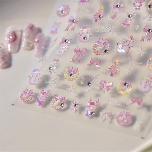 5D Embossed Christmas Nail Art Stickers Pink Snowman Nail Stickers Self-Adhesive Elk Bow Crystal Ball Wreath Snowflakes Nail Decals for Women Girls Winter Xmas Holiday Manicure DIY Nail Supplies