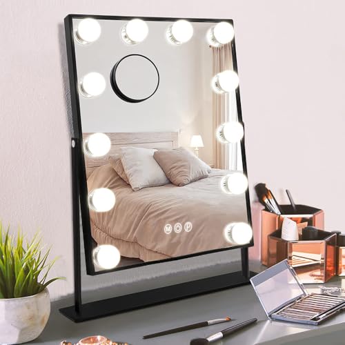 Hansong Black Vanity Mirror Makeup Mirror with Lights 12 Dimmable LED Bulbs Lighted Makeup Mirror Touch Screen Control 10X Magnification