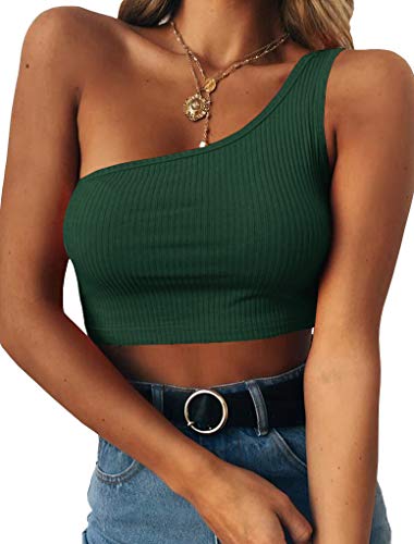 Minclouse Women s One Shoulder Sleeveless Crop Tops Summer Sexy Strappy Tank Tees Green