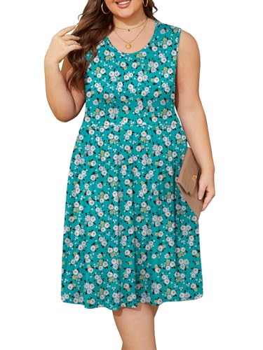 Image of DB MOON Womens 2026 Plus Size Tank Dresses Sleeveless Knee Length Sundress with Pockets 4XL Turquoise Floral