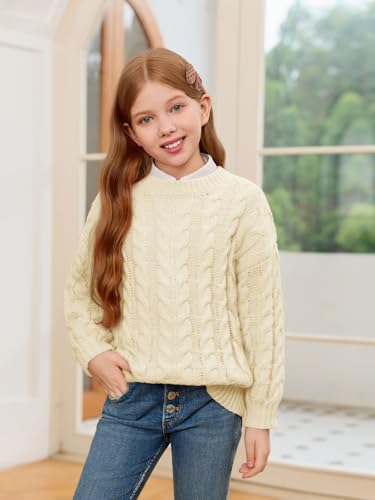 Haloumoning Girls Pullover Sweaters Kids Cute Cable Knit Long Sleeve Crewneck Chunky Jumper Tops 5-14 Years4