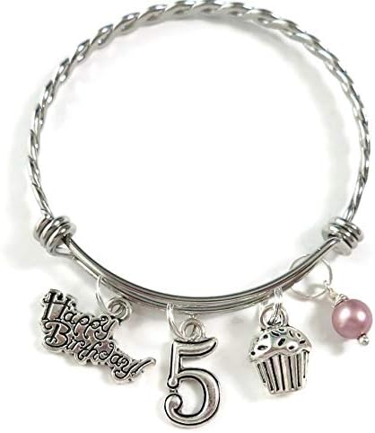 5th BIRTHDAY BRACELET, 5th Birthday Charm Bracelet, 5 Year Old Daughter Birthday Gift Idea, Fifth Birthday Gift, 5 Year Old Birthday Bangle