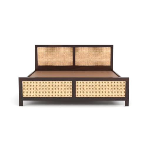 Image of Sheesham Wood Cane Bed Without Storage for Bedroom | King Size Wooden Double Bed Palang with Rattan Headboard & Footboard (Walnut Finish)