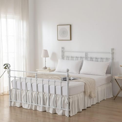 Bed Skirt King Size, Ruffled Bed Skirt with Split Corners 14 Inch Drop with Platform, Tufted Boho King Size Bed Skirting, Striped, Ivory, 14" King