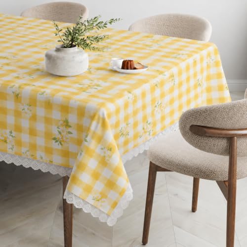 Image of Amazon Brand - Umi Cotton Tablecloth Pack of 2, 4-6 Seater Dining Table Cover, Yellow Gingham Check Daisy Floral Print Rectangular Table Linen with Lace Trim 4 Corners Farmhouse Cottage Style