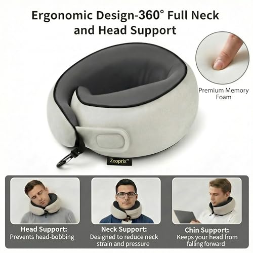Image of Travel Neck Pillow for Airplane, Memory Foam 360 Wrap Around Neck Support for Sleeping on Long Flights, Washable Cover with Adjustable Fit, Eye Mask & Earplugs, for Car & Office (Light Grey)