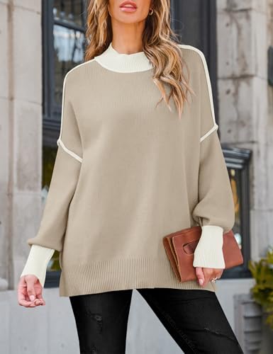 ZESICA Women's Fall 2025 Oversized Sweaters Long Sleeve Color Block Mock Neck Side Slit Comfy Loose Knitted Pullover Tops3