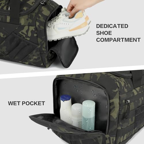 3-in-1 Tactical Gym & Travel Duffle Bag Backpack Men Multi-Functional 45L Military Sports Duffle Bag with Shoe Compartment & Wet Pocket for Workout Weekender Overnight Bag with Molle Webbing, Camo4