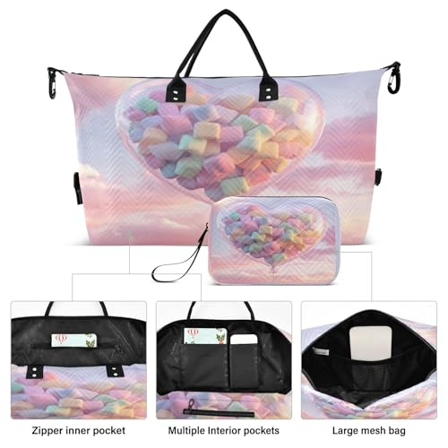 Burbuja Travel Duffel Bag for Women, Valentine Heart Balloon Weekender Overnight Bag Shoulder Carry On Tote Bag with Trolley Sleeve, Gym Bag with Toiletry Bag, Large Size2