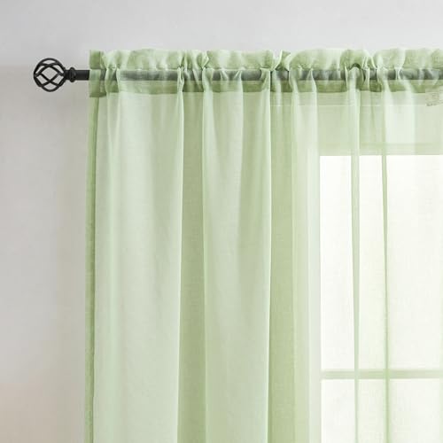 Image of MYSTIC-HOME Sheer Curtains Sage Green 63 Inch Length, Rod Pocket Voile Drapes for Living Room, Bedroom, Window Treatments Semi Crinkle Curtain Panels for Yard, Villa, Parlor, Set of 2, 52 inchx 63 inch