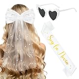 Augesak 3 Pcs Set Despedida de Soltera Accessorios-Velo Novia Despedida Soltera, Novia Satin Sash, Gafas de Sol Corazon de Perla Blanca, Bride to Be Adorno Hen Night
