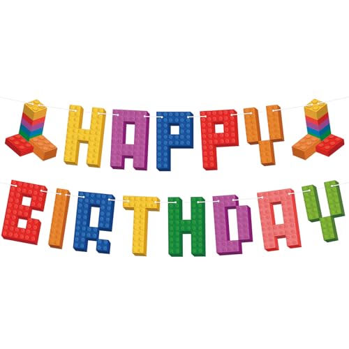 Image of Hooqict Building Block Happy Birthday Banner Building Block Birthday Party Decorations Building Bricks Garland Party Banner Blocks Theme Birthday Party Supplies for Boys Girls