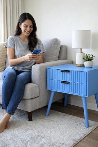 Image of Brown Art SHOPPEE Wooden Bedside Table for Bedroom | Line Design Bed Side Nightstand Lamp Table with 2 Drawers for Home | Side Table for Living Room | Premium Engineered Wood & Wood Legs (Blue)