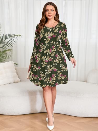 Image of AusLook Women's Plus Size Long Sleeve Midi Dress Casual Empire Waist Loose Flowy Dresses A-Line Boho Long Dress with Pockets