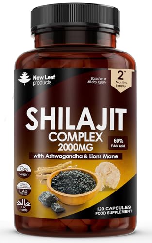 Shilajit Complex - Himilayan Shilajit enriched with Ashwagandha & Lions Mane, High Strength 2000mg Shilajit Complex Capsules with 60% Fulvic Acid - 2 Months Supply Made in The UK by New Leaf