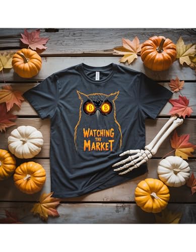 Bitcoin Owl Graphic T-Shirt – Watching The Market – Unisex Black Garment-Dyed Crypto Halloween Shirt, Night Owl Trader Gift - Image 4