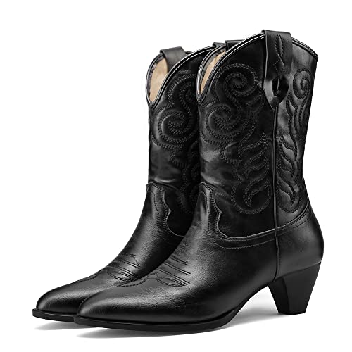 Image of Womens Embroidered Cowgirl Boots Pull On Cowboy Boots for Women Floral Low Chunky Heel Western Boots
