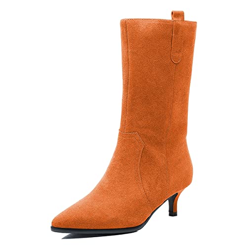 FSJ Women Fashion Suede Pointed Toe Kitten Low Heel Mid Calf Boots Side Zipper Casual Dress Walking Ladies Shoes Size 4-15 US