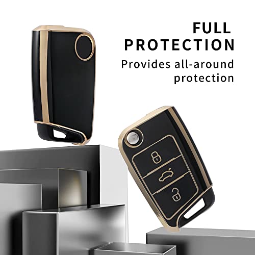 Image of Keyzone TPU car Key Cover and Keychain Compatible for Skoda Slavia, Kodiaq, Kushaq, Karoq, Octavia 3 Button flip Key (Gold Black with Gold Black KZ Keychain)